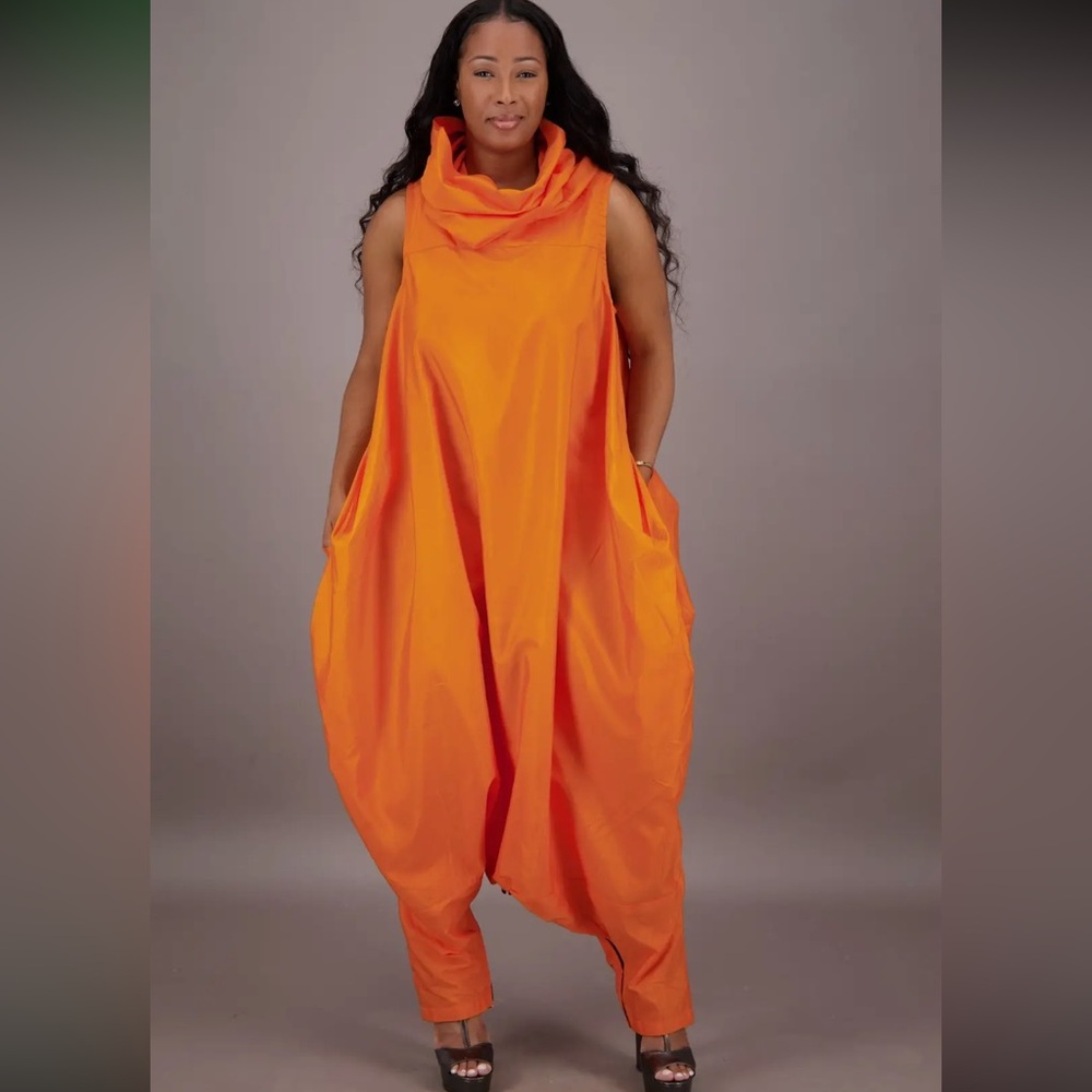 Advance Apparels Vibrant Orange Sleeveless Draped Harem Jumpsuit